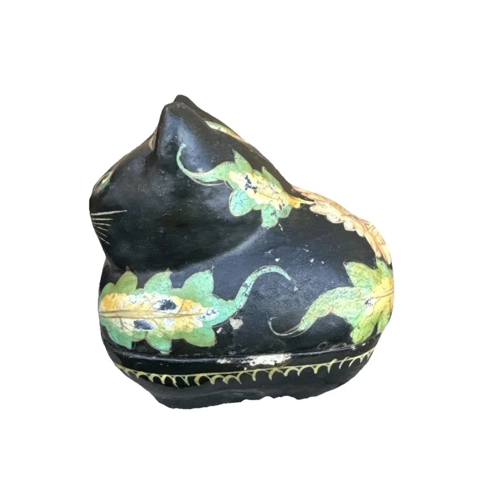 Vintage Black Kitty Cat Laquer Mini Trinket Dish Ring Box Painted Flowers Floral